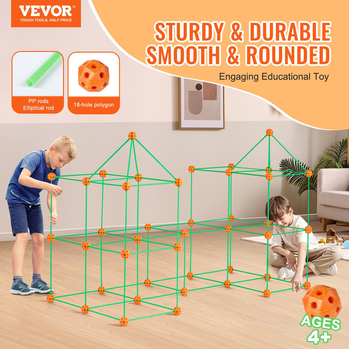 VEVOR Fort Building Kit for Kids, 140PCS Glow in The Dark STEM Building Toys, Educational Gift for 4 5 6 7 8+ Year Old Boys & Girls Indoor Outdoor Play Tent Construction Toys with 96 Rods and 44 Balls - BLJZTJCZK1401BKE9V0 - view 3