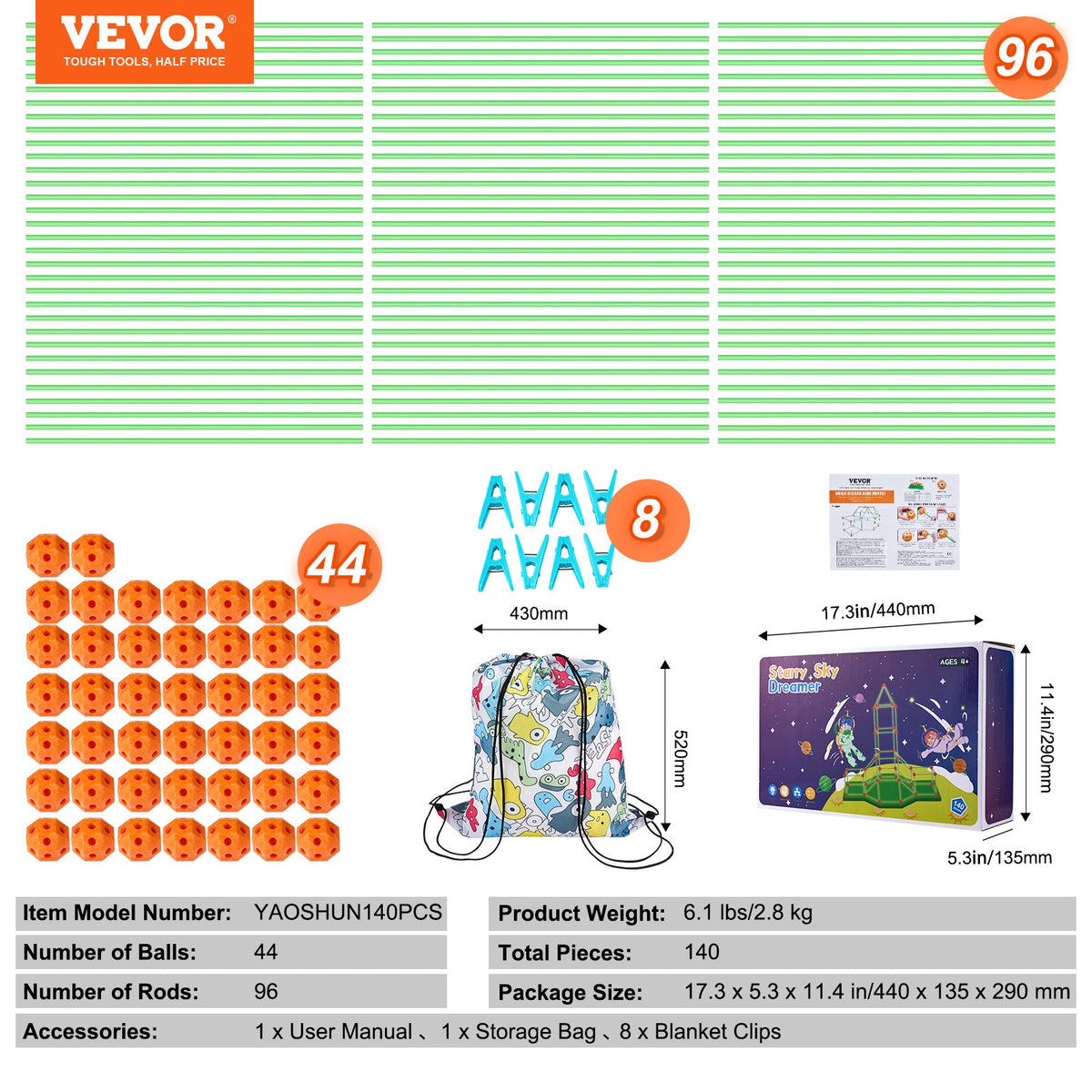 VEVOR Fort Building Kit for Kids, 140PCS Glow in The Dark STEM Building Toys, Educational Gift for 4 5 6 7 8+ Year Old Boys & Girls Indoor Outdoor Play Tent Construction Toys with 96 Rods and 44 Balls - BLJZTJCZK1401BKE9V0 - view 8