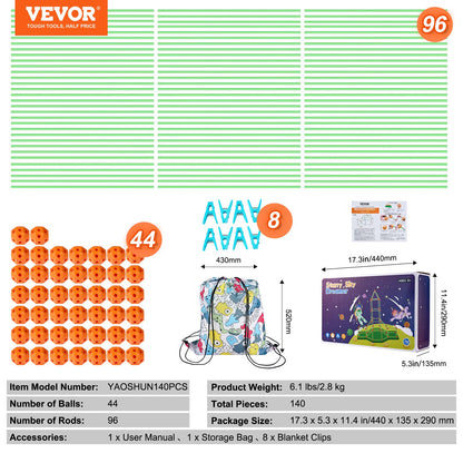 VEVOR Fort Building Kit for Kids, 140PCS Glow in The Dark STEM Building Toys, Educational Gift for 4 5 6 7 8+ Year Old Boys & Girls Indoor Outdoor Play Tent Construction Toys with 96 Rods and 44 Balls - BLJZTJCZK1401BKE9V0 - view 8