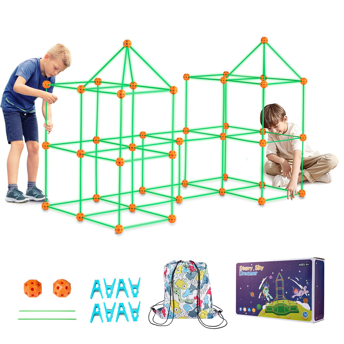 VEVOR Fort Building Kit for Kids, 140PCS Glow in The Dark STEM Building Toys, Educational Gift for 4 5 6 7 8+ Year Old Boys & Girls Indoor Outdoor Play Tent Construction Toys with 96 Rods and 44 Balls - BLJZTJCZK1401BKE9V0 - view 10