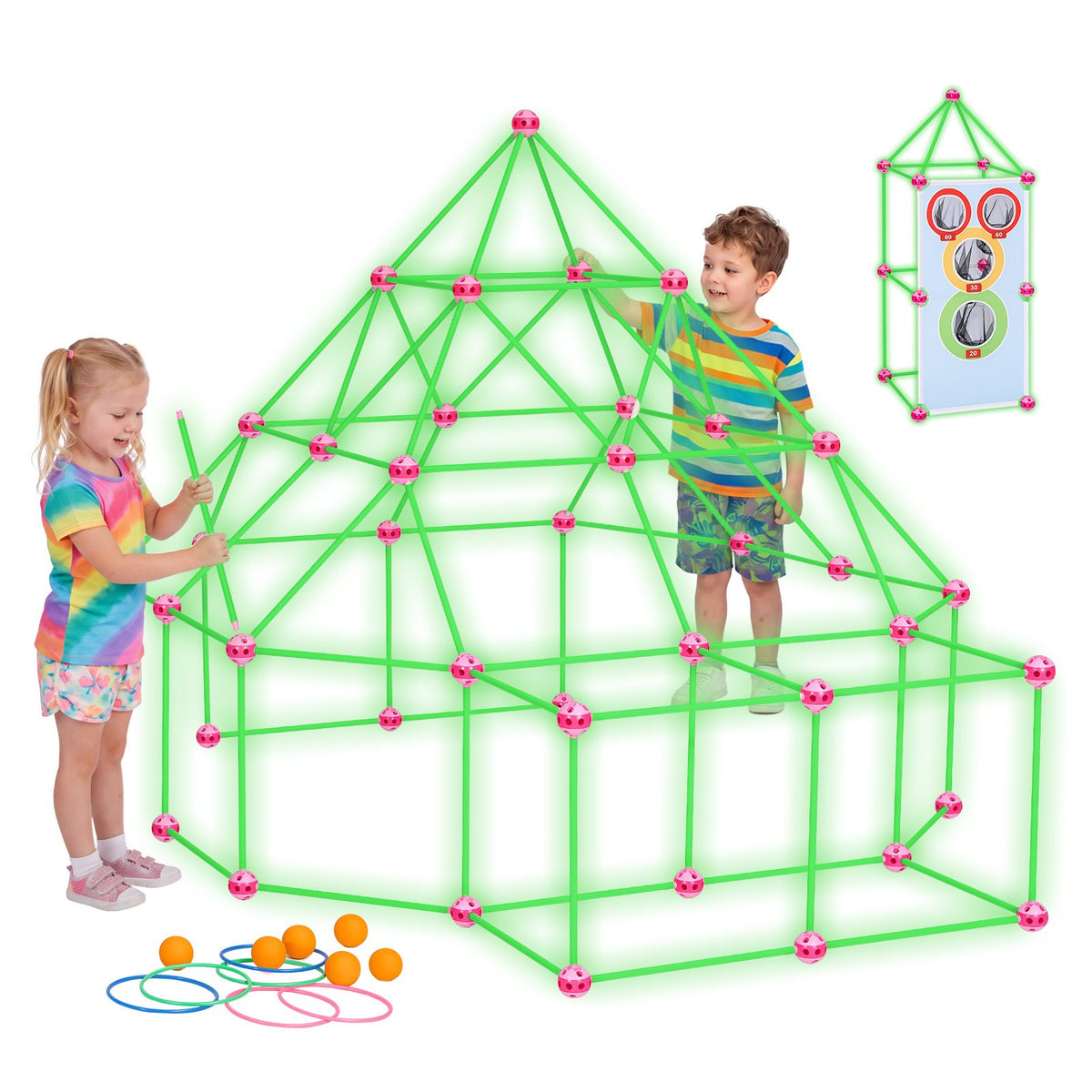 VEVOR Glow-in-the-Dark Fort Building Kit for Kids, 140PCS STEM Builder Toys, for 4 5 6 7 8+ Year Old Boys Girls, Upgraded Balls, Ring & Ball Toss, Educational Activity Indoor Outdoor Play, Storage Bag - BLJZTJCZKSL112RJ0001V0 - view 1
