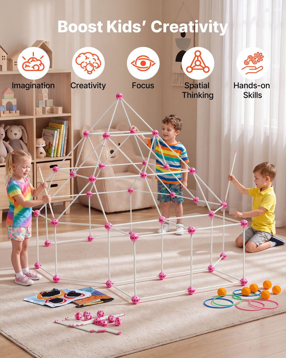 VEVOR Glow-in-the-Dark Fort Building Kit for Kids, 140PCS STEM Builder Toys, for 4 5 6 7 8+ Year Old Boys Girls, Upgraded Balls, Ring & Ball Toss, Educational Activity Indoor Outdoor Play, Storage Bag - BLJZTJCZKSL112RJ0001V0 - view 6