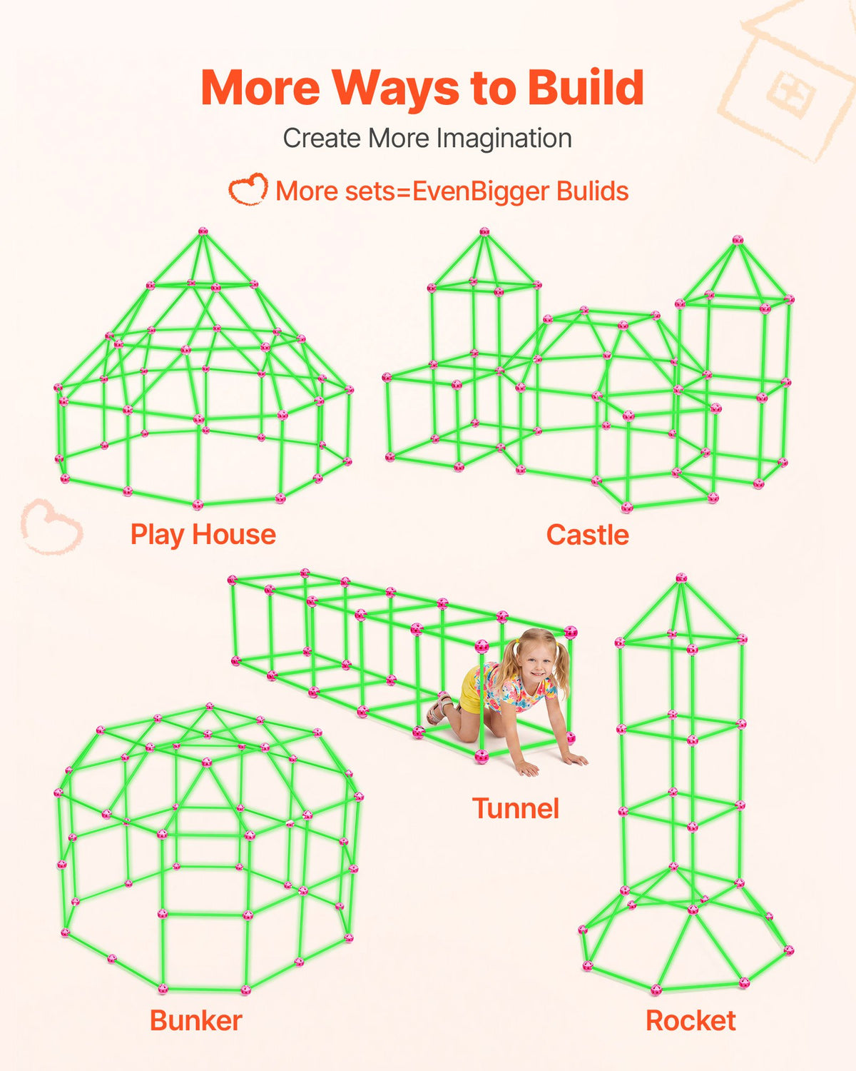 VEVOR Glow-in-the-Dark Fort Building Kit for Kids, 140PCS STEM Builder Toys, for 4 5 6 7 8+ Year Old Boys Girls, Upgraded Balls, Ring & Ball Toss, Educational Activity Indoor Outdoor Play, Storage Bag - BLJZTJCZKSL112RJ0001V0 - view 7