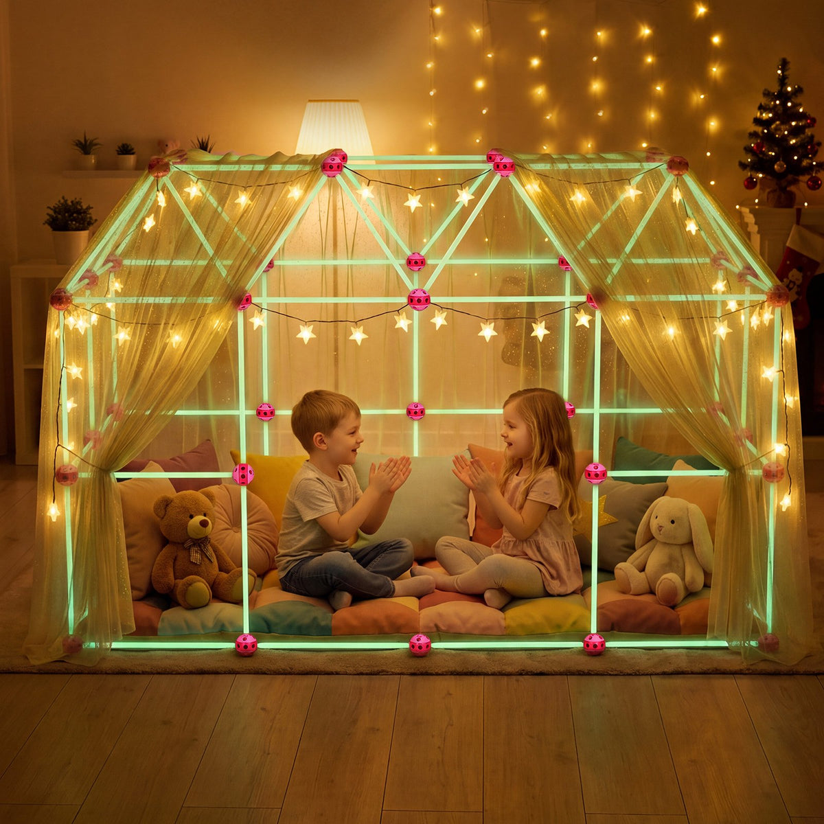 VEVOR Glow-in-the-Dark Fort Building Kit for Kids, 140PCS STEM Builder Toys, for 4 5 6 7 8+ Year Old Boys Girls, Upgraded Balls, Ring & Ball Toss, Educational Activity Indoor Outdoor Play, Storage Bag - BLJZTJCZKSL112RJ0001V0 - view 9