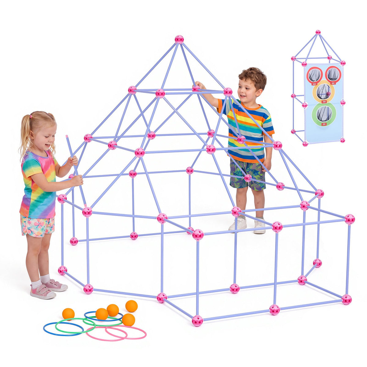 VEVOR Fort Building Kit for Kids, 140 PCS Creative STEM Construction Toys, for 4 5 6 7 8+ Year Old Boys Girls, Upgraded Balls, Ring & Ball Toss, Educational Activity, Indoor Outdoor Play, Storage Bag - BLJZTJCZKSL13G69M001V0 - view 1