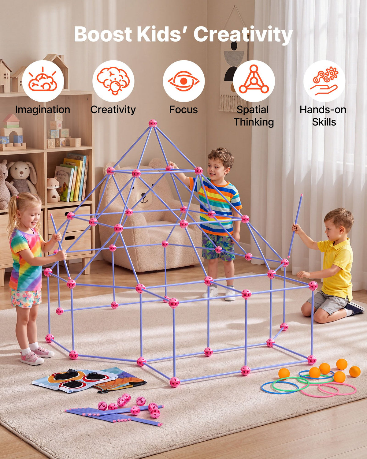 VEVOR Fort Building Kit for Kids, 140 PCS Creative STEM Construction Toys, for 4 5 6 7 8+ Year Old Boys Girls, Upgraded Balls, Ring & Ball Toss, Educational Activity, Indoor Outdoor Play, Storage Bag - BLJZTJCZKSL13G69M001V0 - view 6