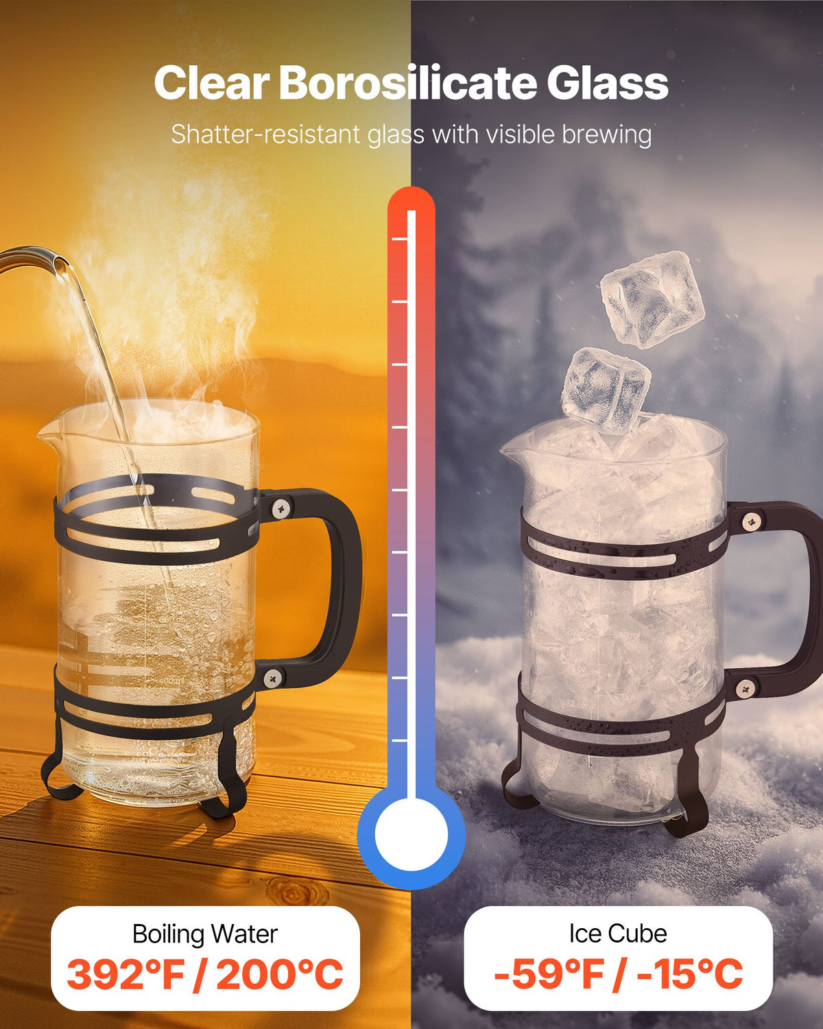 VEVOR French Press Coffee Maker, 34 Ounce 1 Liter Borosilicate Glass Coffee Press Tea Maker with Stainless Steel Filter, Large Glass French Presses Cold Brew for Camping Travel Home Kitchen, Silver - BLKFYHBLHS1LJILTH001V0 - view 3