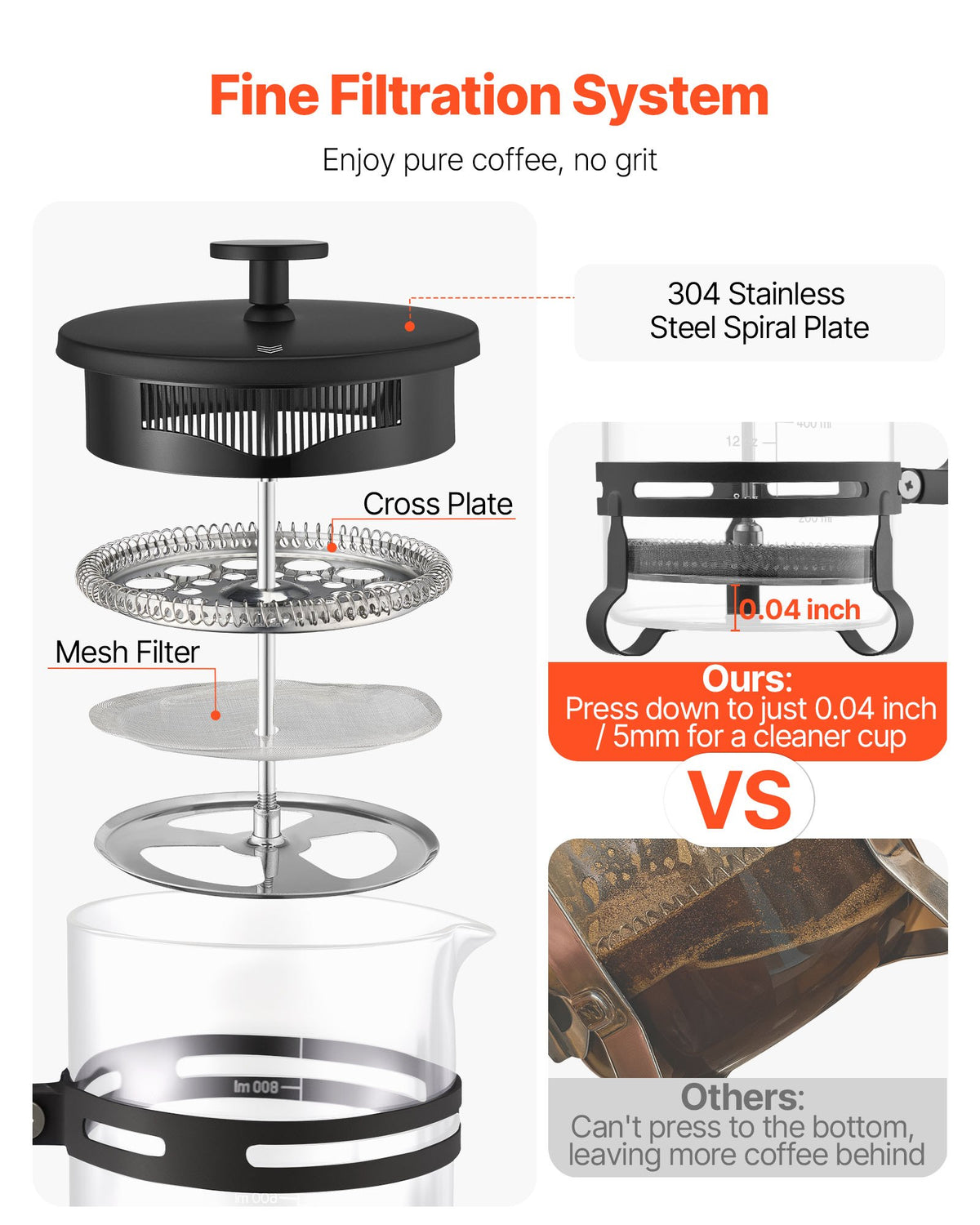 VEVOR French Press Coffee Maker, 34 Ounce 1 Liter Borosilicate Glass Coffee Press Tea Maker with Stainless Steel Filter, Large Glass French Presses Cold Brew for Camping Travel Home Kitchen, Silver - BLKFYHBLHS1LJILTH001V0 - view 4
