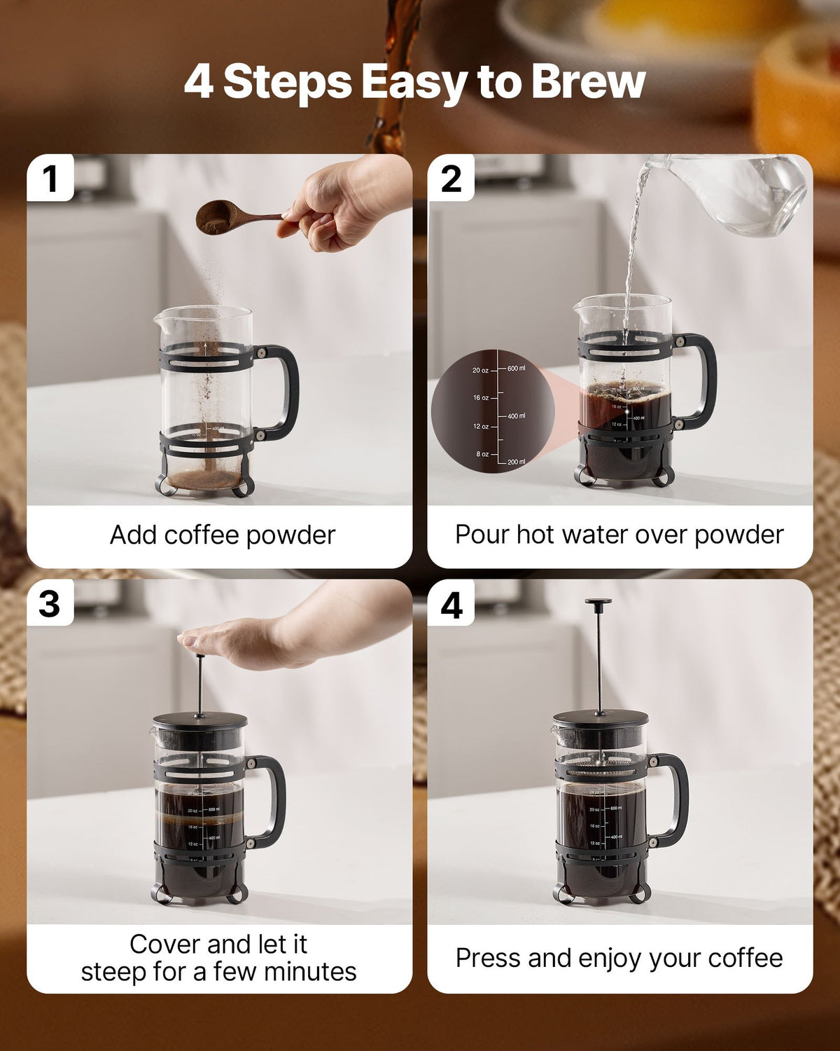 VEVOR French Press Coffee Maker, 34 Ounce 1 Liter Borosilicate Glass Coffee Press Tea Maker with Stainless Steel Filter, Large Glass French Presses Cold Brew for Camping Travel Home Kitchen, Silver - BLKFYHBLHS1LJILTH001V0 - view 5