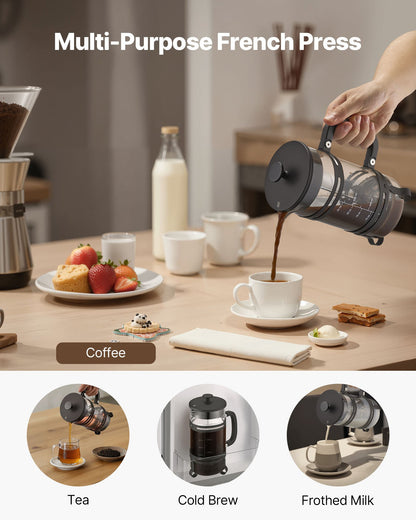 VEVOR French Press Coffee Maker, 34 Ounce 1 Liter Borosilicate Glass Coffee Press Tea Maker with Stainless Steel Filter, Large Glass French Presses Cold Brew for Camping Travel Home Kitchen, Silver - BLKFYHBLHS1LJILTH001V0 - view 7