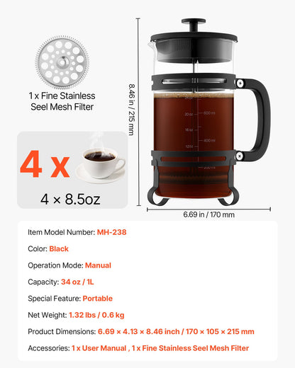 VEVOR French Press Coffee Maker, 34 Ounce 1 Liter Borosilicate Glass Coffee Press Tea Maker with Stainless Steel Filter, Large Glass French Presses Cold Brew for Camping Travel Home Kitchen, Silver - BLKFYHBLHS1LJILTH001V0 - view 8
