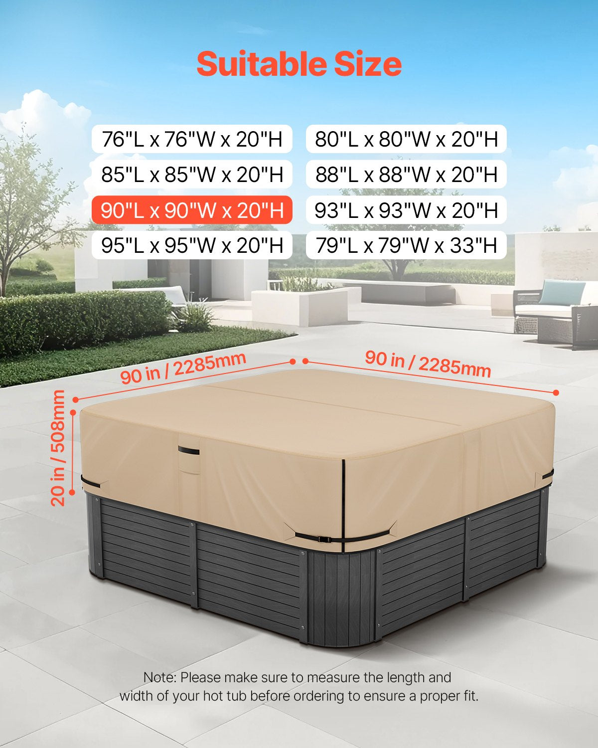 VEVOR Outdoor Hot Tub Cover, 90 x 90 x 20 Inch Weatherproof and Waterproof Hot Tub Cover Protector, 600D Heavy Duty Oxford Fabric and 950N Tearing Strength, Square Spa Covers for Hottub, Brown - BLKRSYGGL90WZZXFT001V0 - view 3