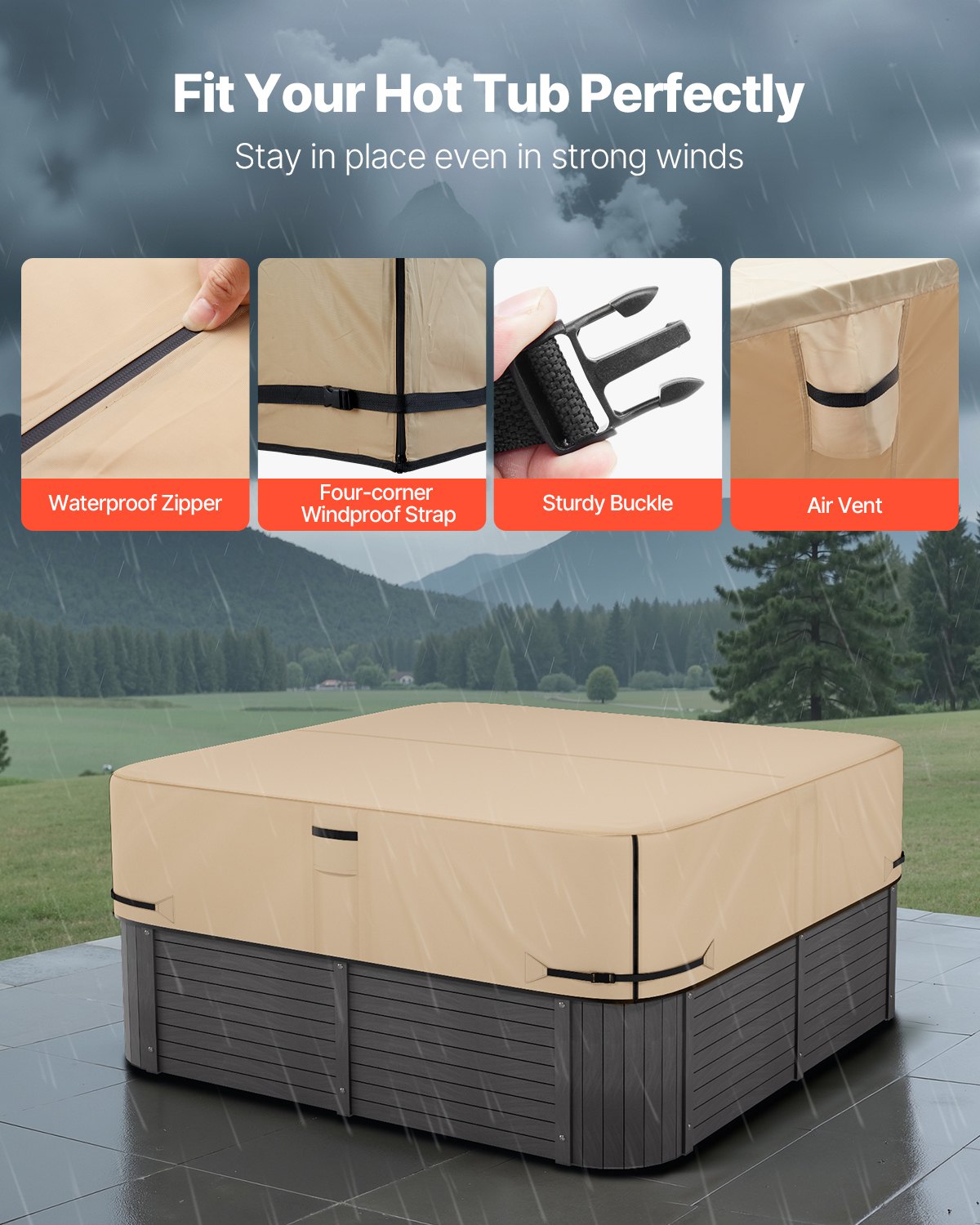 VEVOR Outdoor Hot Tub Cover, 90 x 90 x 20 Inch Weatherproof and Waterproof Hot Tub Cover Protector, 600D Heavy Duty Oxford Fabric and 950N Tearing Strength, Square Spa Covers for Hottub, Brown - BLKRSYGGL90WZZXFT001V0 - view 6