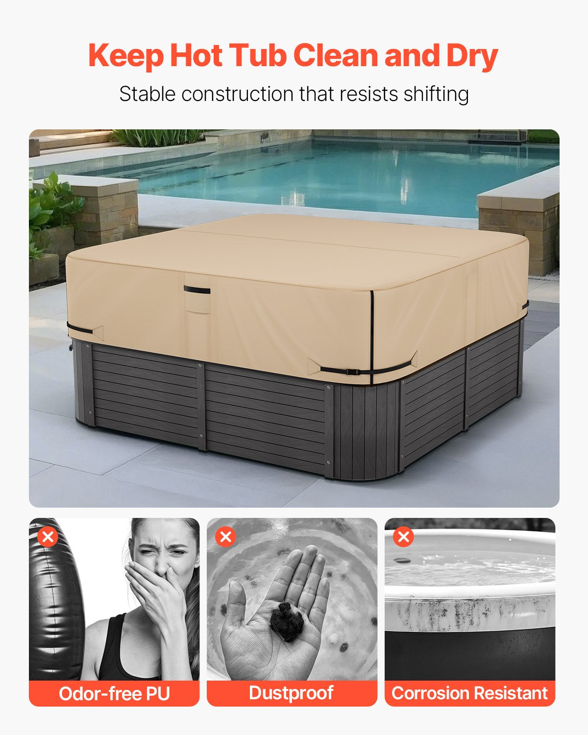 VEVOR Outdoor Hot Tub Cover, 90 x 90 x 20 Inch Weatherproof and Waterproof Hot Tub Cover Protector, 600D Heavy Duty Oxford Fabric and 950N Tearing Strength, Square Spa Covers for Hottub, Brown - BLKRSYGGL90WZZXFT001V0 - view 7
