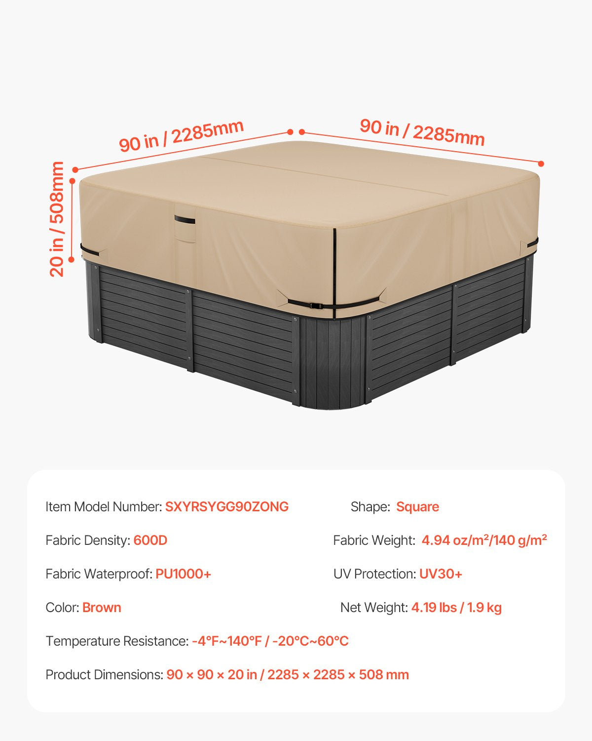 VEVOR Outdoor Hot Tub Cover, 90 x 90 x 20 Inch Weatherproof and Waterproof Hot Tub Cover Protector, 600D Heavy Duty Oxford Fabric and 950N Tearing Strength, Square Spa Covers for Hottub, Brown - BLKRSYGGL90WZZXFT001V0 - view 8