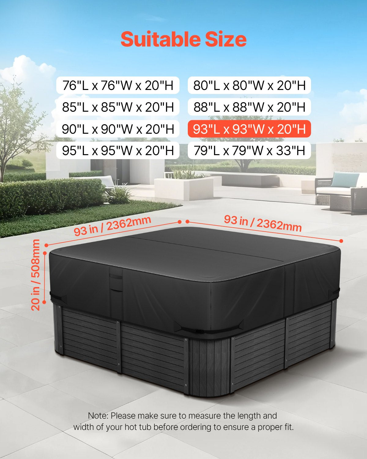VEVOR Outdoor Hot Tub Cover, 93 x 93 x 20 Inch Weatherproof and Waterproof Hot Tub Cover Protector, 600D Heavy Duty Oxford Fabric and 950N Tearing Strength, Square Spa Covers for Hottub, Black - BLKRSYGGZFXL0SPZI001V0 - view 3