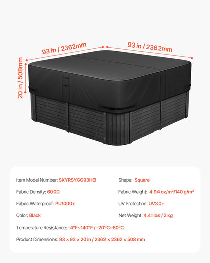 VEVOR Outdoor Hot Tub Cover, 93 x 93 x 20 Inch Weatherproof and Waterproof Hot Tub Cover Protector, 600D Heavy Duty Oxford Fabric and 950N Tearing Strength, Square Spa Covers for Hottub, Black - BLKRSYGGZFXL0SPZI001V0 - view 8