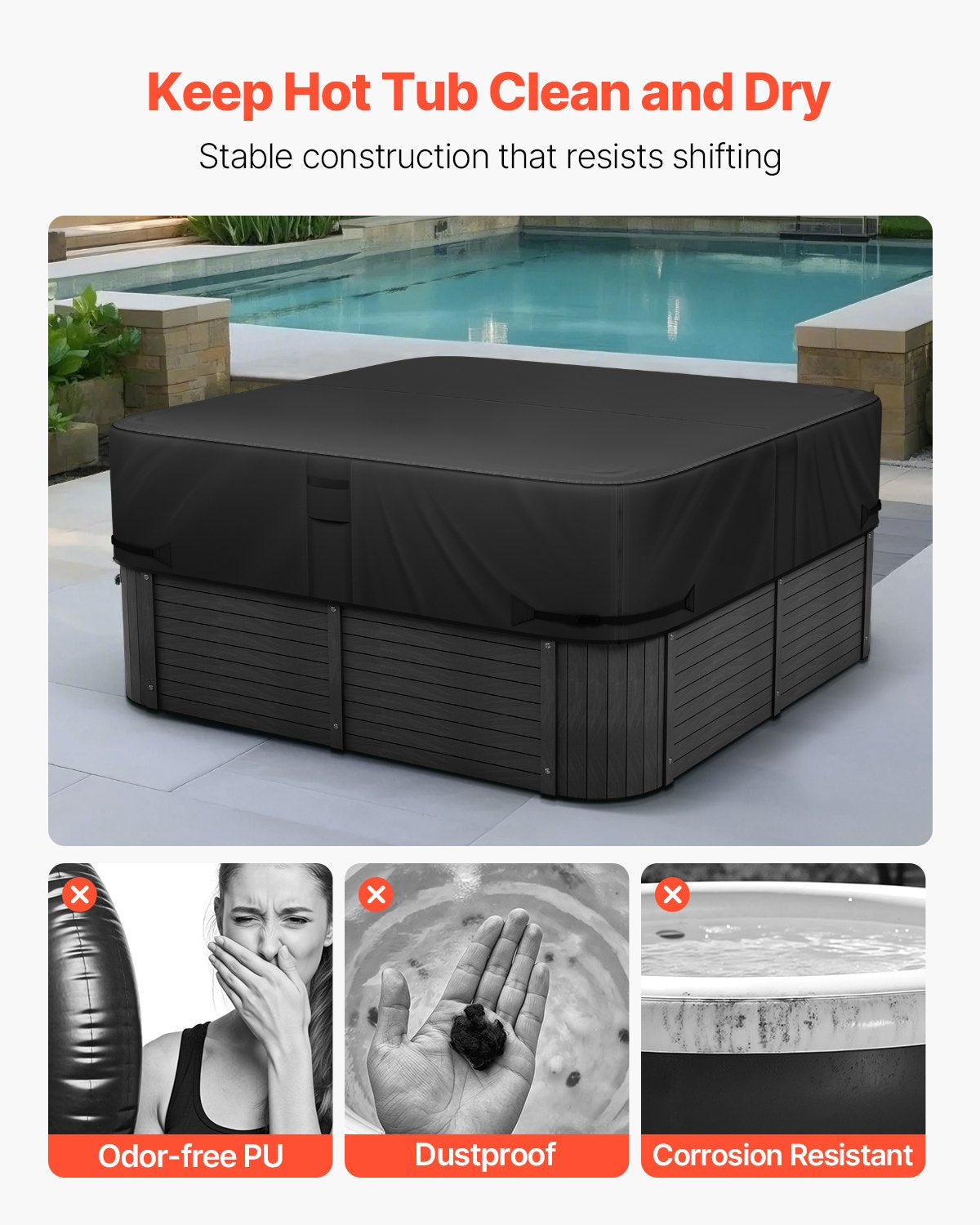 VEVOR Outdoor Hot Tub Cover, 80 x 80 x 20 Inch Weatherproof and Waterproof Hot Tub Cover Protector, 600D Heavy Duty Oxford Fabric and 950N Tearing Strength, Square Spa Covers for Hottub, Black - BLKRSYGGZFXLC7EUD001V0 - view 7