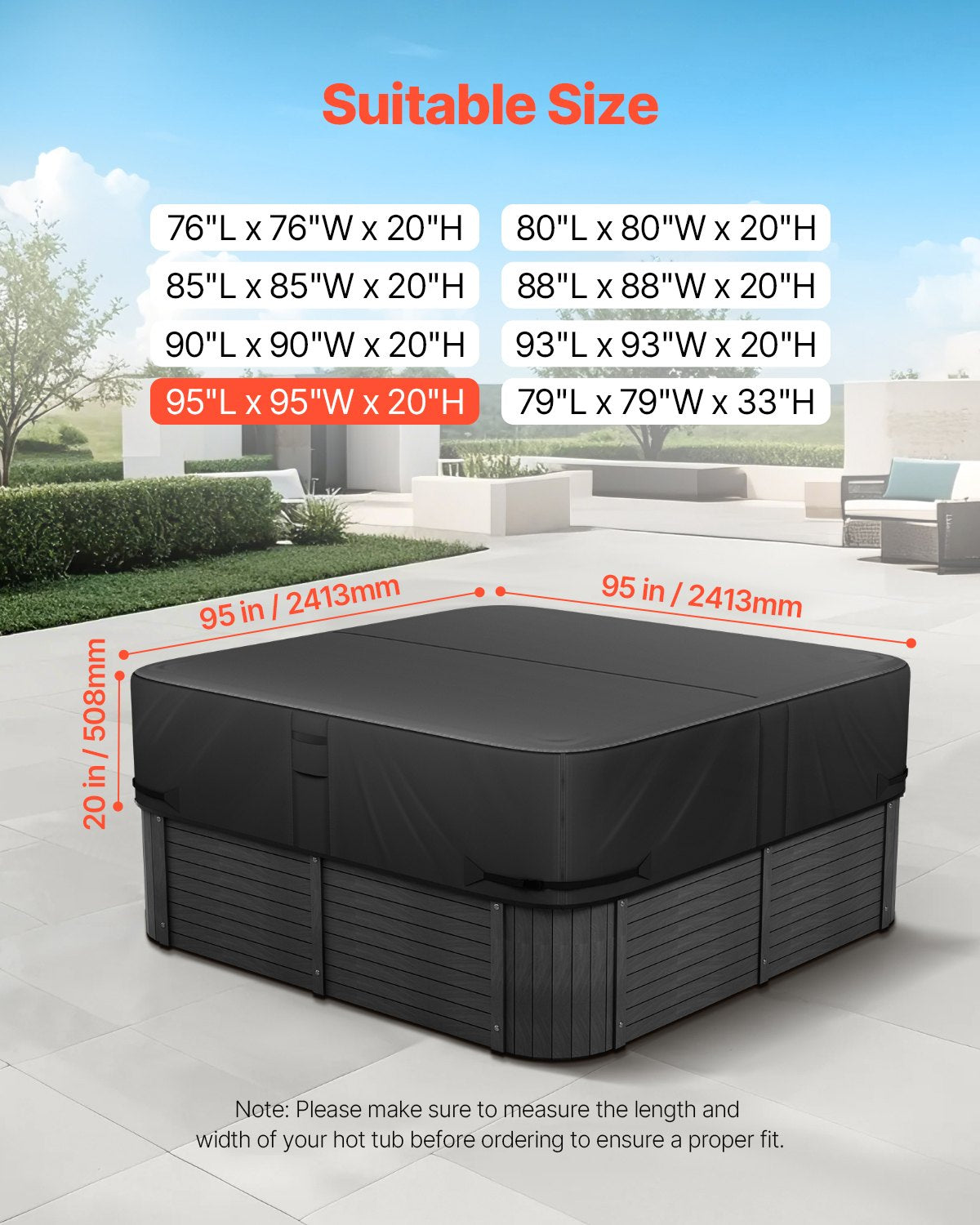 VEVOR Outdoor Hot Tub Cover, 95 x 95 x 20 Inch Weatherproof and Waterproof Hot Tub Cover Protector, 600D Heavy Duty Oxford Fabric and 950N Tearing Strength, Square Spa Covers for Hottub, Black - BLKRSYGGZFXLCJ4X0001V0 - view 3