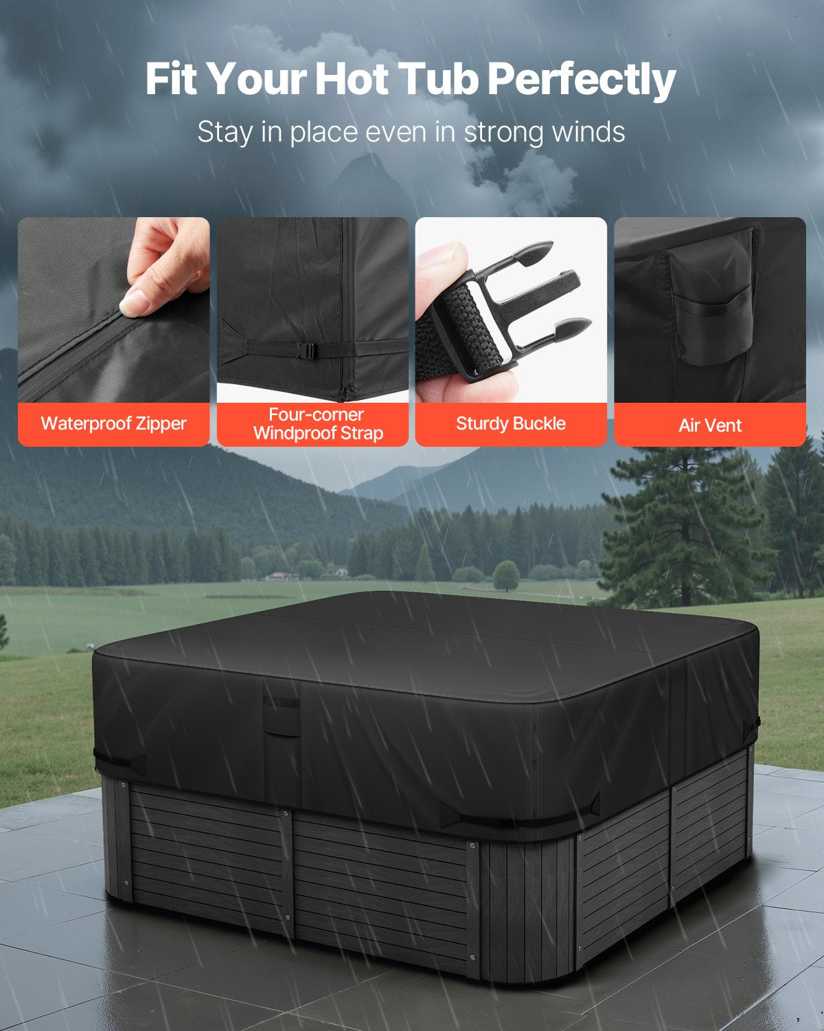 VEVOR Outdoor Hot Tub Cover, 90 x 90 x 20 Inch Weatherproof and Waterproof Hot Tub Cover Protector, 600D Heavy Duty Oxford Fabric and 950N Tearing Strength, Square Spa Covers for Hottub, Black - BLKRSYGGZFXLJ2CS4001V0 - view 6
