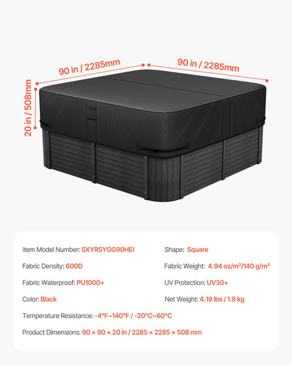 VEVOR Outdoor Hot Tub Cover, 90 x 90 x 20 Inch Weatherproof and Waterproof Hot Tub Cover Protector, 600D Heavy Duty Oxford Fabric and 950N Tearing Strength, Square Spa Covers for Hottub, Black - BLKRSYGGZFXLJ2CS4001V0 - view 8