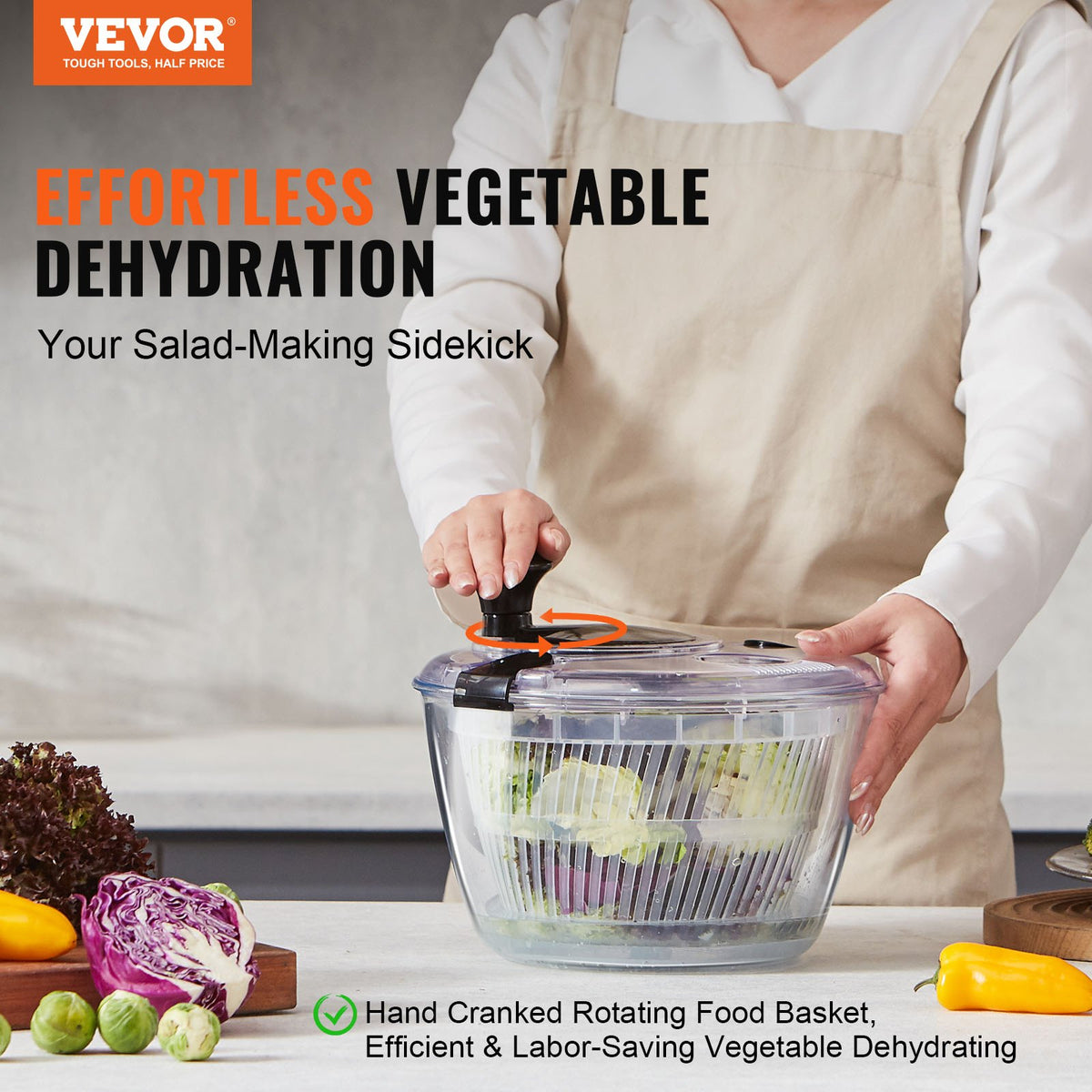 VEVOR Glass Salad Spinner, 4.75Qt, One-handed Easy Press Large Vegetable Dryer Washer, Lettuce Cleaner and Dryer with High Borosilicate Glass Bowl Lid, for Greens, Herbs, Berries, Fruits, No BPA - BLKSLXZQGPGBJT2TKV0 - view 3