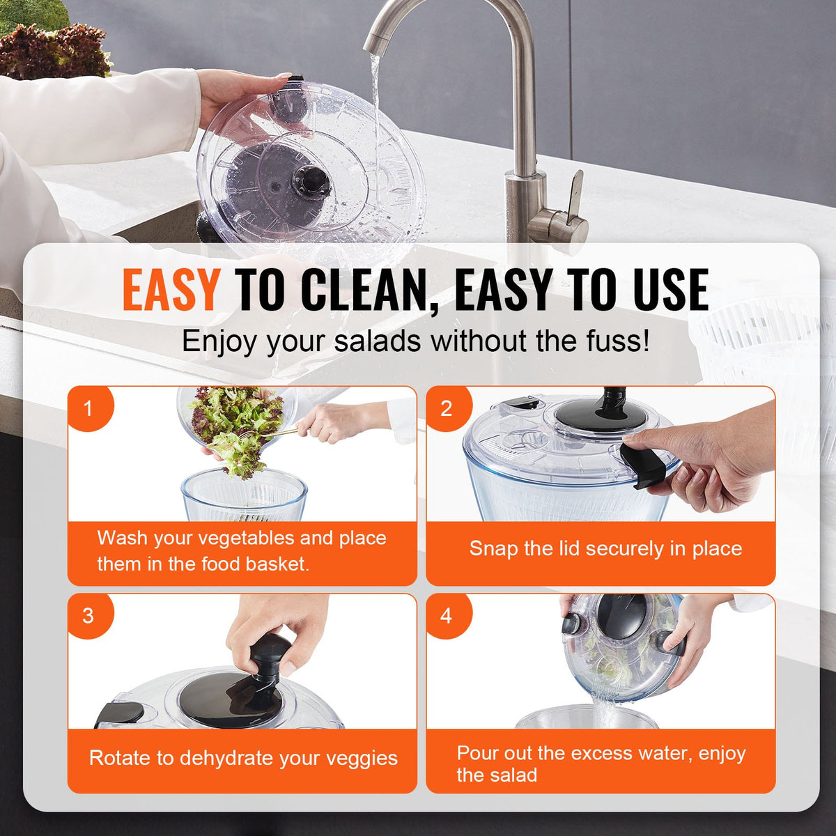 VEVOR Glass Salad Spinner, 4.75Qt, One-handed Easy Press Large Vegetable Dryer Washer, Lettuce Cleaner and Dryer with High Borosilicate Glass Bowl Lid, for Greens, Herbs, Berries, Fruits, No BPA - BLKSLXZQGPGBJT2TKV0 - view 4