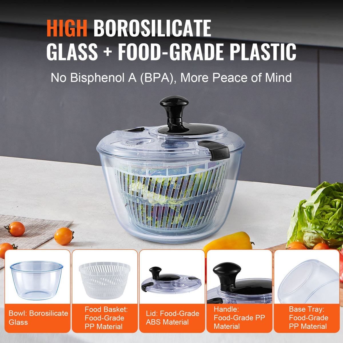 VEVOR Glass Salad Spinner, 4.75Qt, One-handed Easy Press Large Vegetable Dryer Washer, Lettuce Cleaner and Dryer with High Borosilicate Glass Bowl Lid, for Greens, Herbs, Berries, Fruits, No BPA - BLKSLXZQGPGBJT2TKV0 - view 5