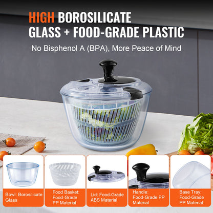 VEVOR Glass Salad Spinner, 4.75Qt, One-handed Easy Press Large Vegetable Dryer Washer, Lettuce Cleaner and Dryer with High Borosilicate Glass Bowl Lid, for Greens, Herbs, Berries, Fruits, No BPA - BLKSLXZQGPGBJT2TKV0 - view 5