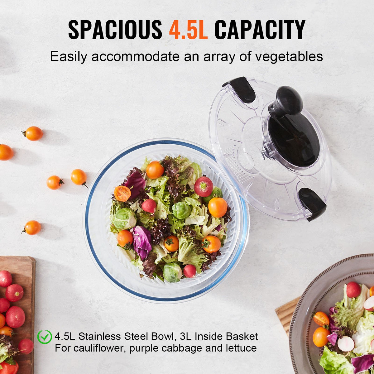 VEVOR Glass Salad Spinner, 4.75Qt, One-handed Easy Press Large Vegetable Dryer Washer, Lettuce Cleaner and Dryer with High Borosilicate Glass Bowl Lid, for Greens, Herbs, Berries, Fruits, No BPA - BLKSLXZQGPGBJT2TKV0 - view 6
