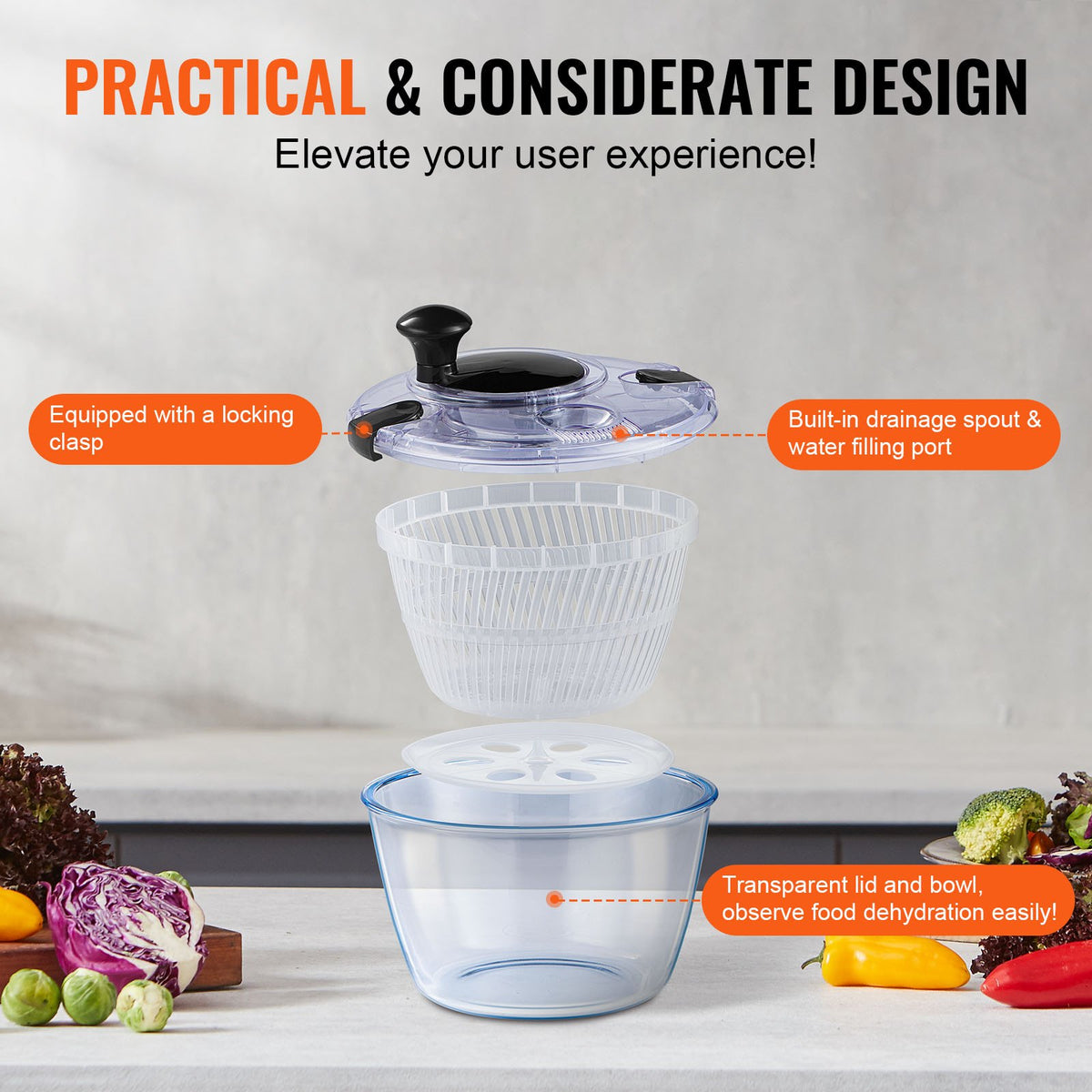 VEVOR Glass Salad Spinner, 4.75Qt, One-handed Easy Press Large Vegetable Dryer Washer, Lettuce Cleaner and Dryer with High Borosilicate Glass Bowl Lid, for Greens, Herbs, Berries, Fruits, No BPA - BLKSLXZQGPGBJT2TKV0 - view 7