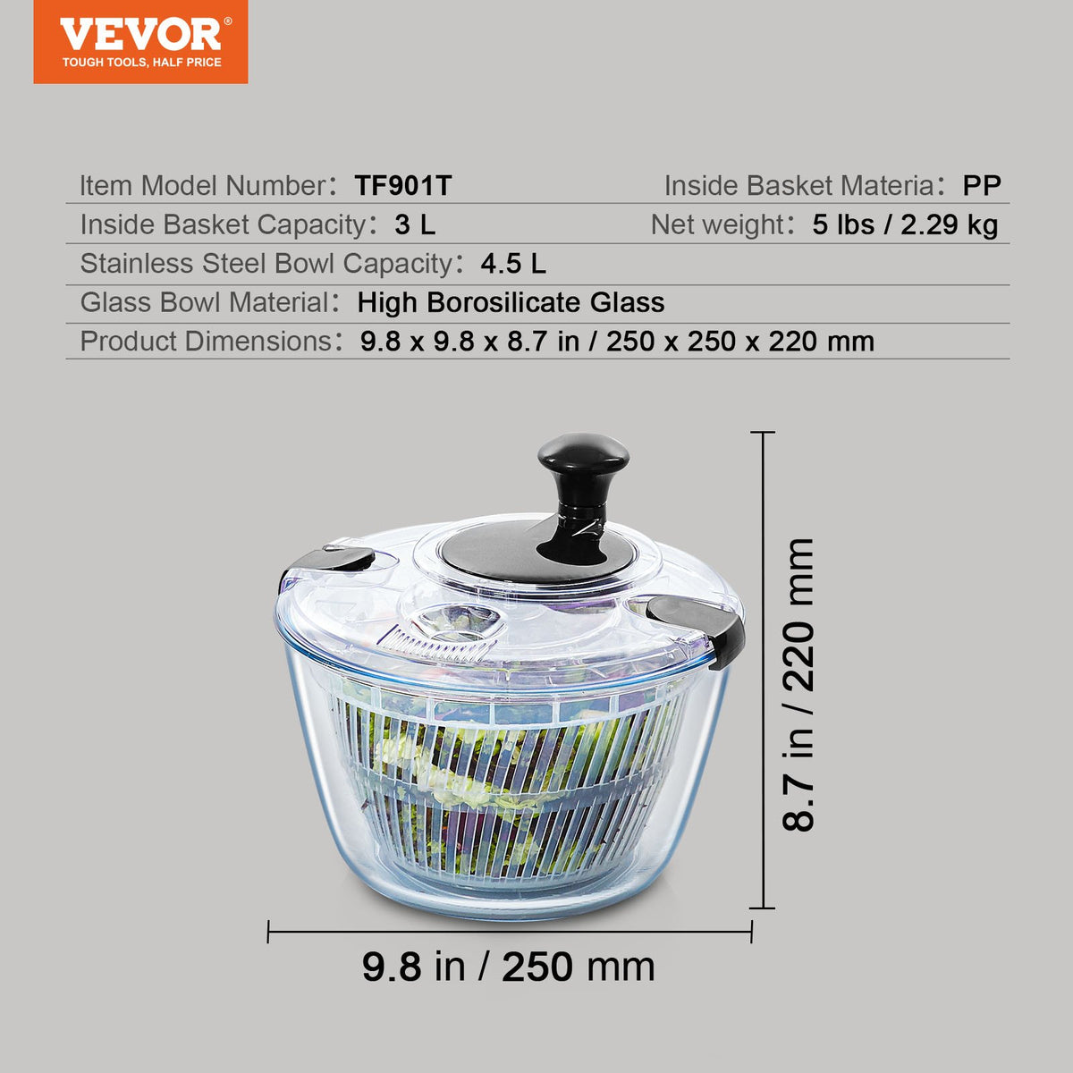VEVOR Glass Salad Spinner, 4.75Qt, One-handed Easy Press Large Vegetable Dryer Washer, Lettuce Cleaner and Dryer with High Borosilicate Glass Bowl Lid, for Greens, Herbs, Berries, Fruits, No BPA - BLKSLXZQGPGBJT2TKV0 - view 8