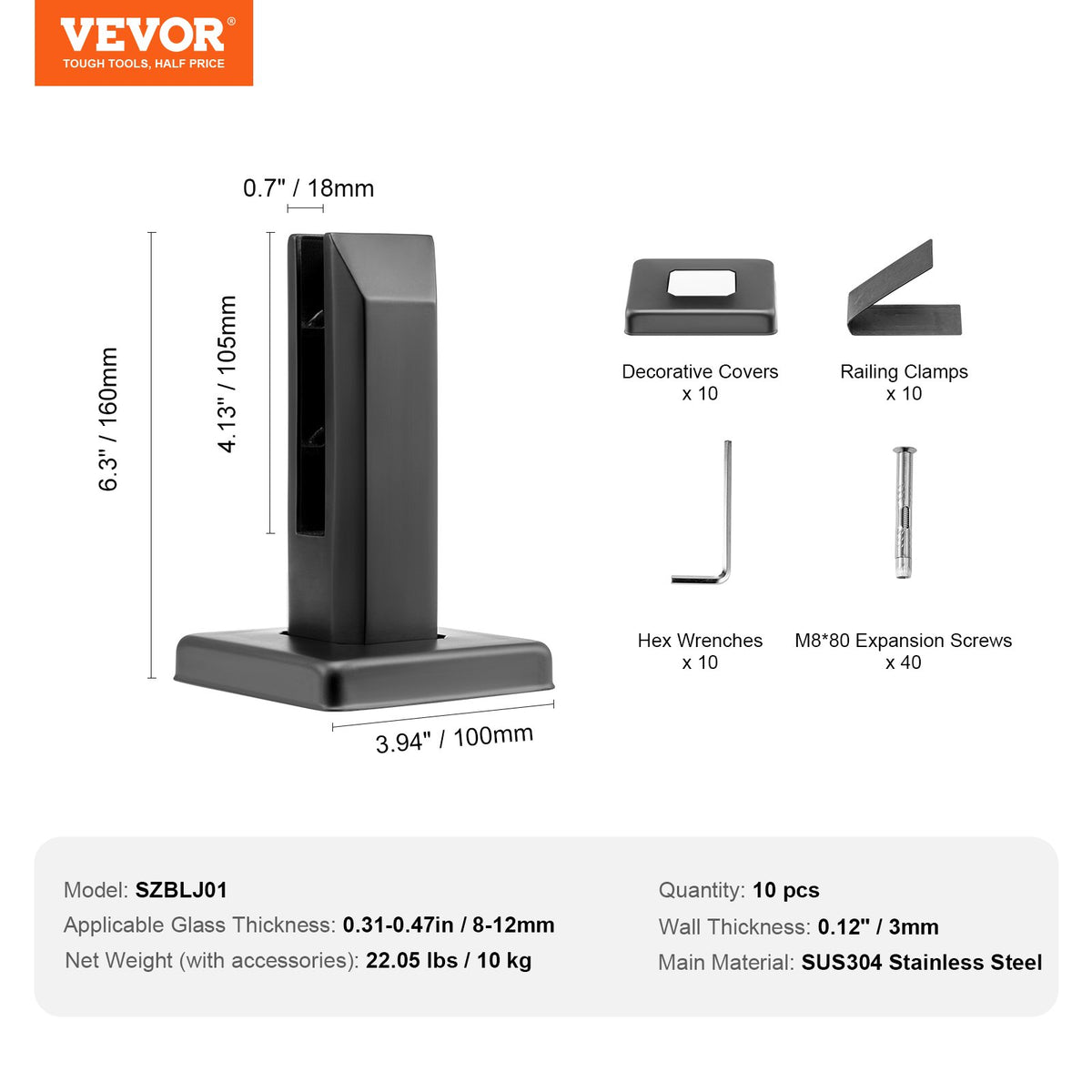 VEVOR Glass Clamp, 10 PCS Square Glass Railing Bracket for 0.31 "-0.47 " Tempered Glass, 304 Stainless Steel Glass Mounting Clamp, 0.12” Thick Glass Shelf Bracket for Balcony, Garden, Deck, Stair - BLLGJHSFXPT1QW8PAV0 - view 8