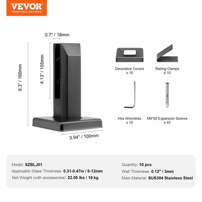 VEVOR Glass Clamp, 10 PCS Square Glass Railing Bracket for 0.31 "-0.47 " Tempered Glass, 304 Stainless Steel Glass Mounting Clamp, 0.12” Thick Glass Shelf Bracket for Balcony, Garden, Deck, Stair - BLLGJHSFXPT1QW8PAV0 - view 8