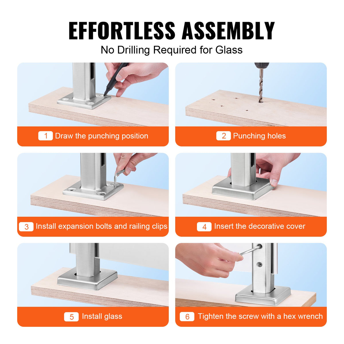 VEVOR Glass Clamp, 10 PCS Square Glass Railing Bracket for 0.31 "-0.47 " Tempered Glass, 304 Stainless Steel Glass Mounting Clamp, 0.12” Thick Glass Shelf Bracket for Balcony, Garden, Stair, Silver - BLLGJYSFXLS1T8ECRV0 - view 4