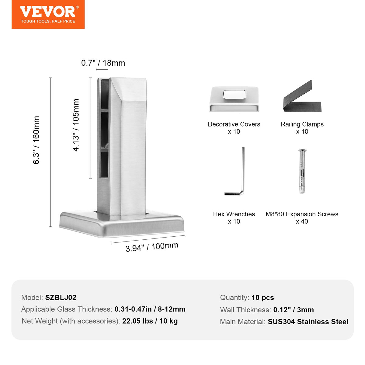 VEVOR Glass Clamp, 10 PCS Square Glass Railing Bracket for 0.31 "-0.47 " Tempered Glass, 304 Stainless Steel Glass Mounting Clamp, 0.12” Thick Glass Shelf Bracket for Balcony, Garden, Stair, Silver - BLLGJYSFXLS1T8ECRV0 - view 8