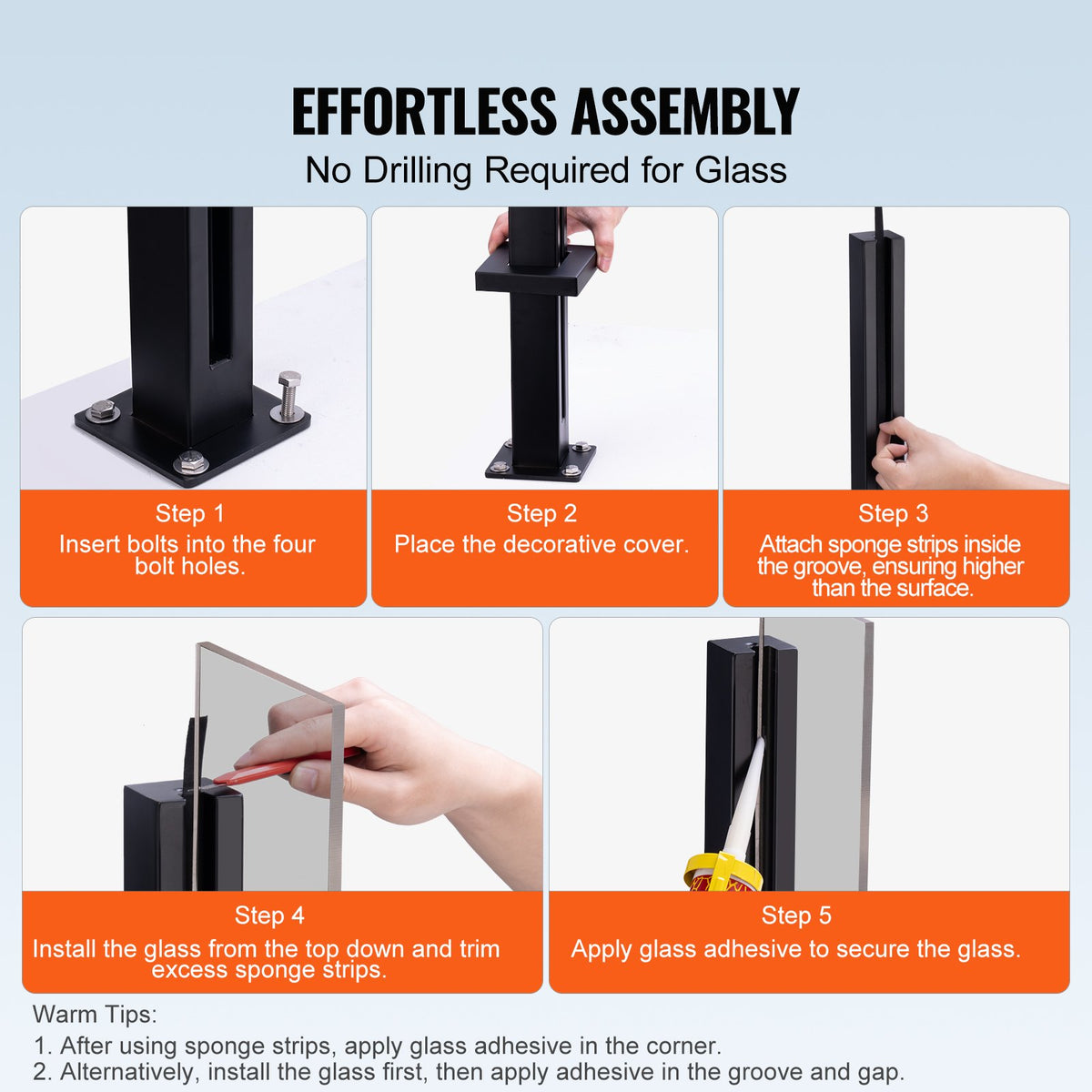 VEVOR Glass Clamp, 41.34" Height Glass Railing Bracket for 0.39 "-0.47 " Thickness Tempered Glass, 304 Stainless Steel Glass Mounting Clamp, Glass Shelf Bracket for Balcony, Garden, Deck, Stair, Black - BLLGZHS105CM0PM4VV0 - view 4