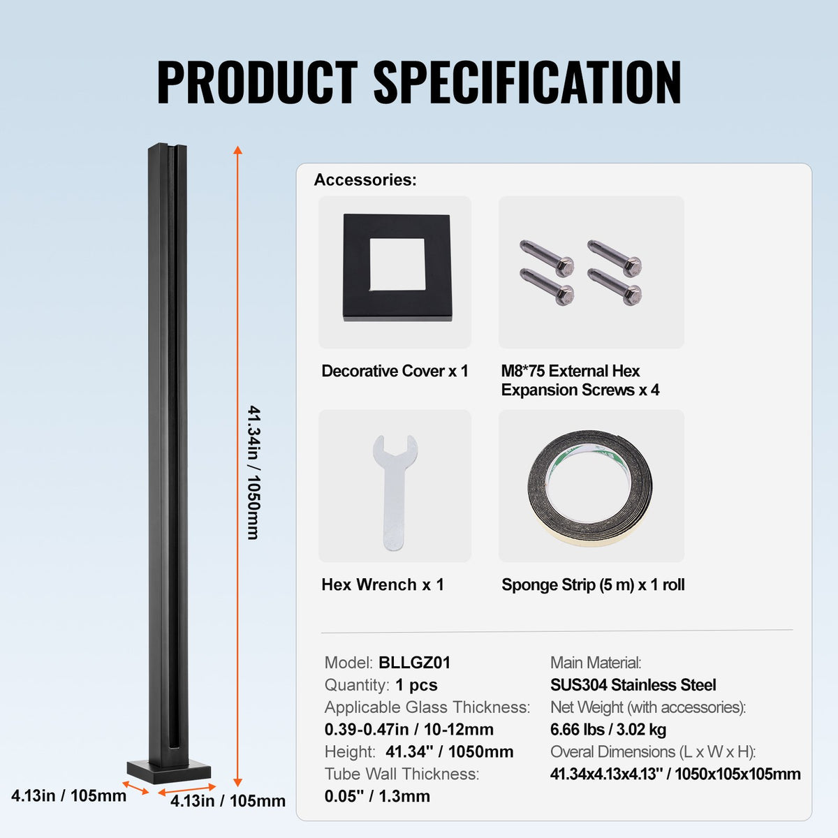 VEVOR Glass Clamp, 41.34" Height Glass Railing Bracket for 0.39 "-0.47 " Thickness Tempered Glass, 304 Stainless Steel Glass Mounting Clamp, Glass Shelf Bracket for Balcony, Garden, Deck, Stair, Black - BLLGZHS105CM0PM4VV0 - view 8