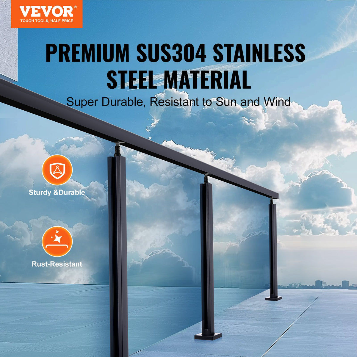 VEVOR Glass Clamp, 35.83" Height Glass Railing Bracket for 0.39 "-0.47 " Thickness Tempered Glass, 304 Stainless Steel Glass Mounting Clamp, Glass Shelf Bracket for Balcony, Garden, Deck, Stair, Black - BLLGZHS85CM17TL07V0 - view 3