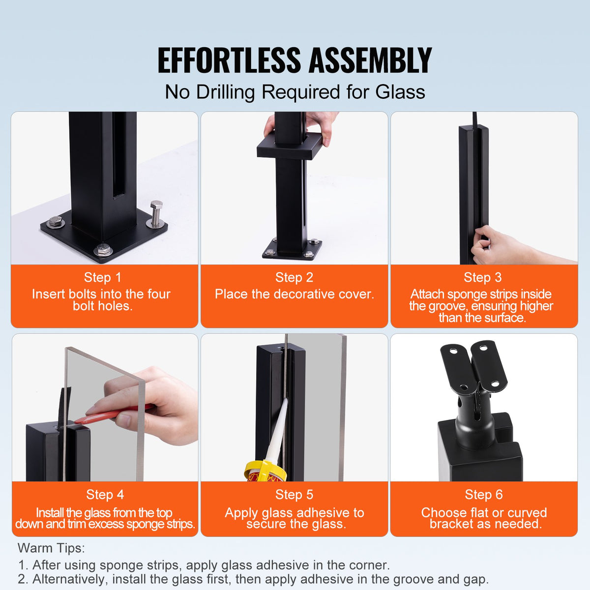 VEVOR Glass Clamp, 35.83" Height Glass Railing Bracket for 0.39 "-0.47 " Thickness Tempered Glass, 304 Stainless Steel Glass Mounting Clamp, Glass Shelf Bracket for Balcony, Garden, Deck, Stair, Black - BLLGZHS85CM17TL07V0 - view 4