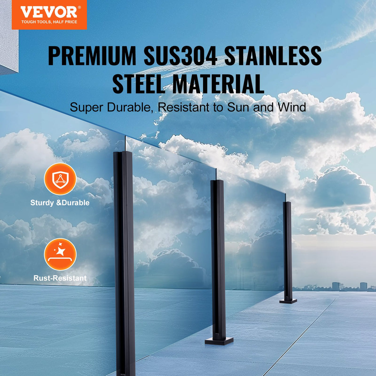 VEVOR Glass Clamp, 37.4" Height Glass Railing Bracket for 0.39 "-0.47 " Thickness Tempered Glass, 304 Stainless Steel Glass Mounting Clamp, Glass Shelf Bracket for Balcony, Garden, Deck, Stair, Black - BLLGZHS95CM1MKWL1V0 - view 3