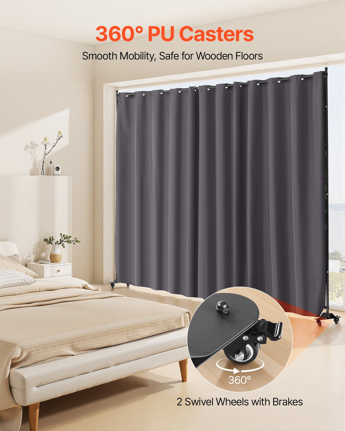 VEVOR Room Divider, Portable Panel Room Divider with Wheels Curtain Divider Stand, Freestanding Room Divider Privacy Screen for Office, Bedroom, Dining Room, Study, Gray - BLPF96120INCWMUXEV0 - view 5