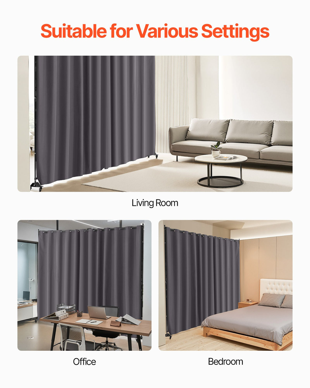 VEVOR Room Divider, Portable Panel Room Divider with Wheels Curtain Divider Stand, Freestanding Room Divider Privacy Screen for Office, Bedroom, Dining Room, Study, Gray - BLPF96120INCWMUXEV0 - view 7
