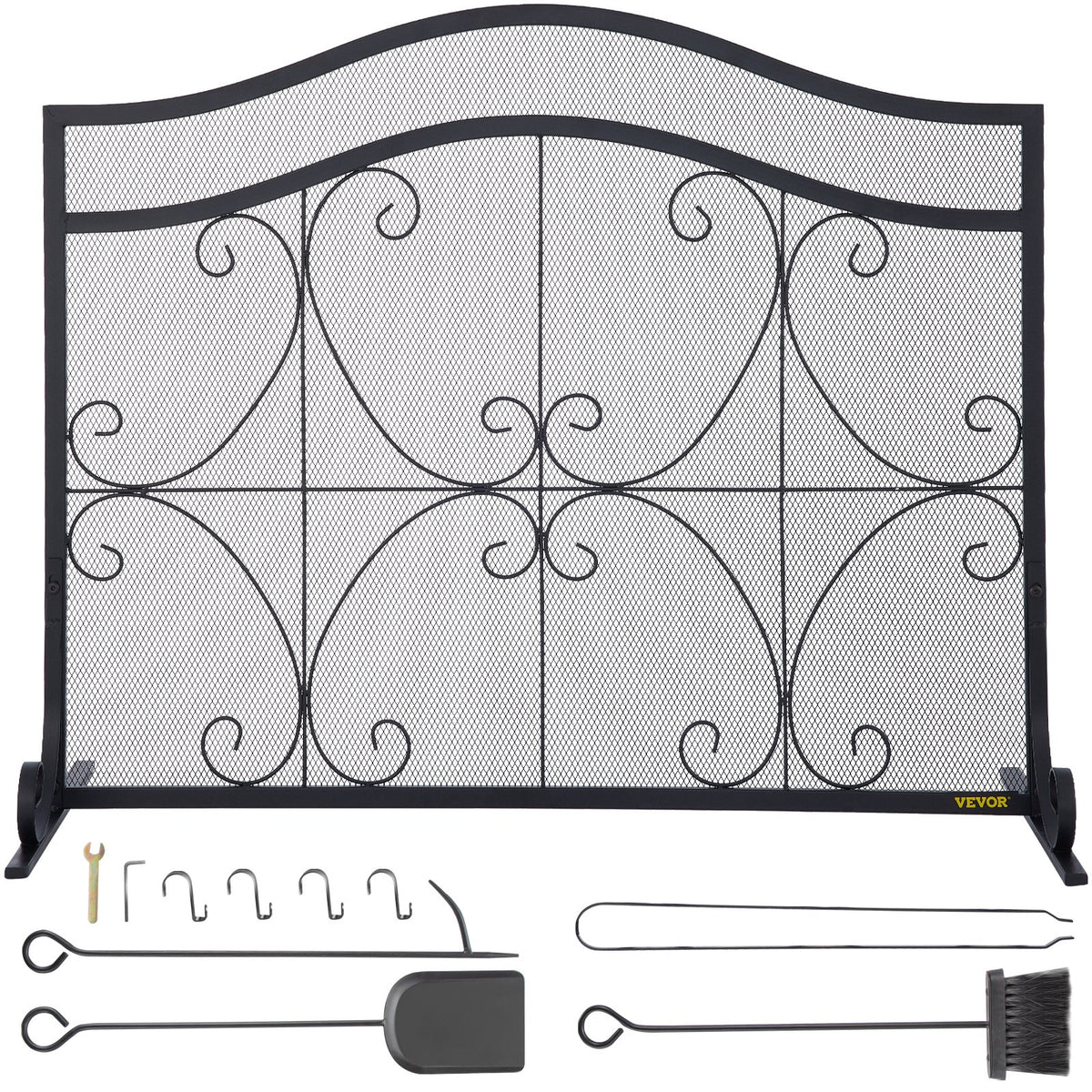 VEVOR Fireplace Screen, 38 x 26.5 Inch,Heavy Duty Iron Freestanding Spark Guard with Support, Metal Mesh Craft, Broom Tong Shovel Poker Included for Fireplace Decoration & Protection, Black - BLPFHSFSD38IN1IAFV0 - view 1