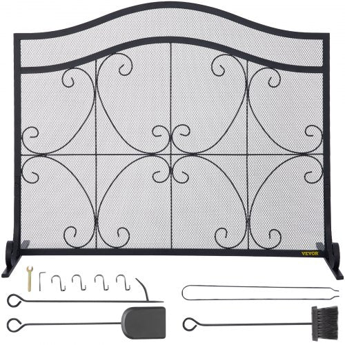 VEVOR Fireplace Screen, 38 x 26.5 Inch,Heavy Duty Iron Freestanding Spark Guard with Support, Metal Mesh Craft, Broom Tong Shovel Poker Included for Fireplace Decoration & Protection, Black - BLPFHSFSD38IN1IAFV0 - view 2