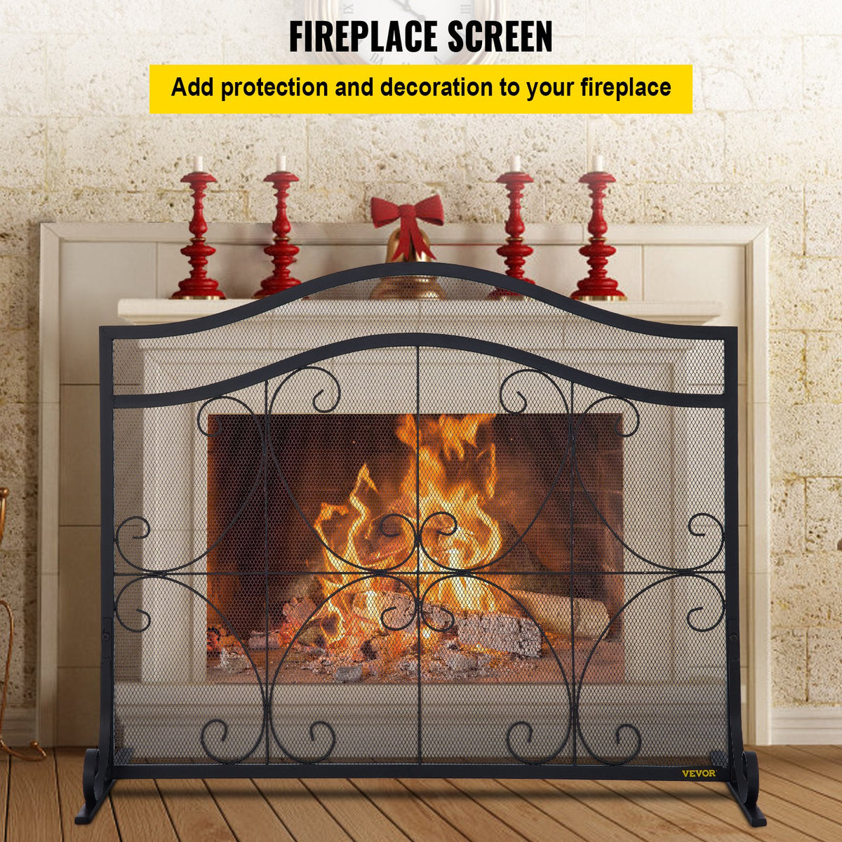 VEVOR Fireplace Screen, 38 x 26.5 Inch,Heavy Duty Iron Freestanding Spark Guard with Support, Metal Mesh Craft, Broom Tong Shovel Poker Included for Fireplace Decoration & Protection, Black - BLPFHSFSD38IN1IAFV0 - view 3