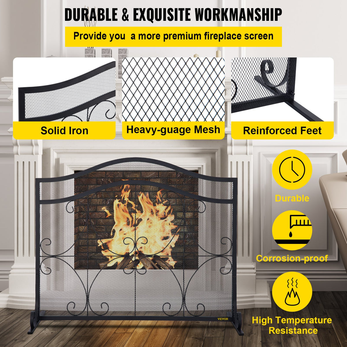 VEVOR Fireplace Screen, 38 x 26.5 Inch,Heavy Duty Iron Freestanding Spark Guard with Support, Metal Mesh Craft, Broom Tong Shovel Poker Included for Fireplace Decoration & Protection, Black - BLPFHSFSD38IN1IAFV0 - view 4