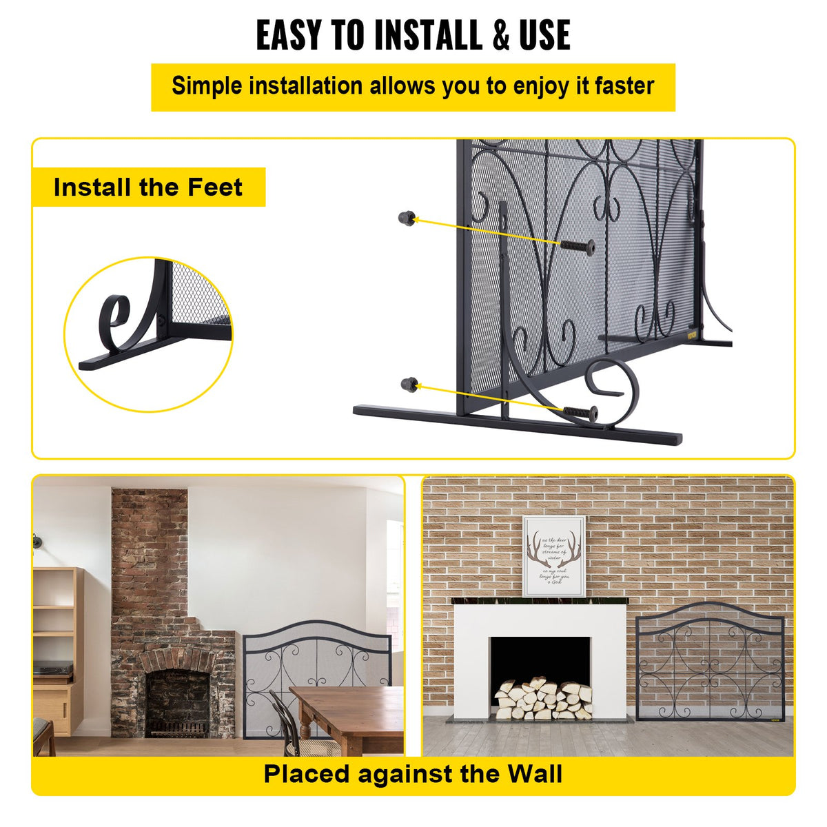 VEVOR Fireplace Screen, 38 x 26.5 Inch,Heavy Duty Iron Freestanding Spark Guard with Support, Metal Mesh Craft, Broom Tong Shovel Poker Included for Fireplace Decoration & Protection, Black - BLPFHSFSD38IN1IAFV0 - view 5