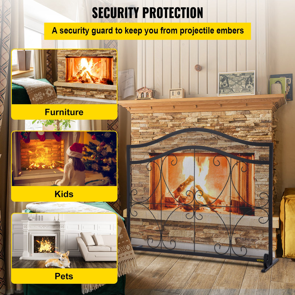 VEVOR Fireplace Screen, 38 x 26.5 Inch,Heavy Duty Iron Freestanding Spark Guard with Support, Metal Mesh Craft, Broom Tong Shovel Poker Included for Fireplace Decoration & Protection, Black - BLPFHSFSD38IN1IAFV0 - view 6