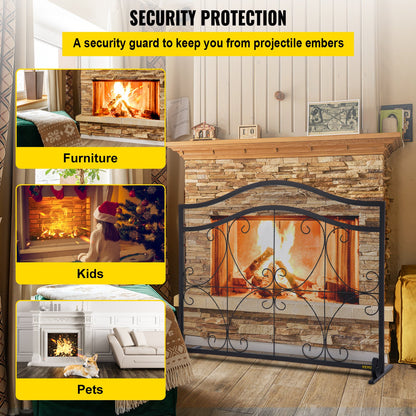 VEVOR Fireplace Screen, 38 x 26.5 Inch,Heavy Duty Iron Freestanding Spark Guard with Support, Metal Mesh Craft, Broom Tong Shovel Poker Included for Fireplace Decoration & Protection, Black - BLPFHSFSD38IN1IAFV0 - view 6